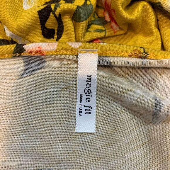 Magic Fit Yellow Floral Dress Long Sleeve Mustard V Neck Soft Size M - Picture 10 of 11